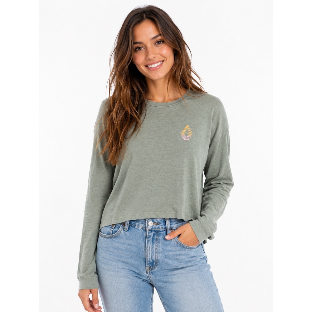 Volcom Womens Organic Cotton Long Sleeve Crop Top Sage Green Graphic Size Medium